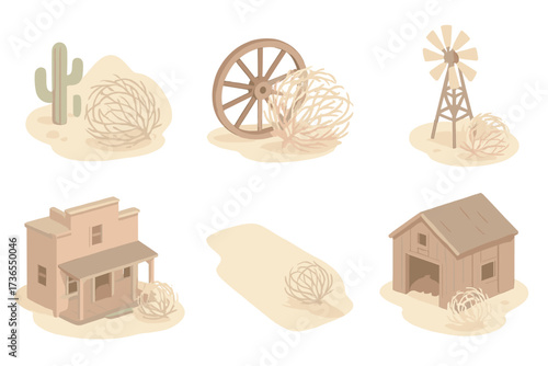Tumbleweed Icon Set. Isometric vector illustration set Tumbleweed cultural imagery: tumbleweed in western scene, tumbleweed with