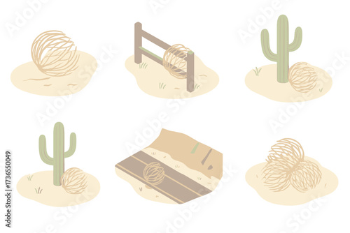 Tumbleweed Desert Icons. Isometric vector illustration set Tumbleweed desert scenes: rolling tumbleweed across sand, tumbleweed