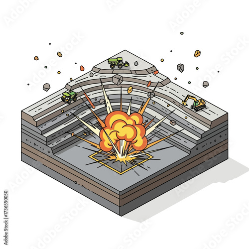 Explosion in a mine with heavy machinery and flying debris.
