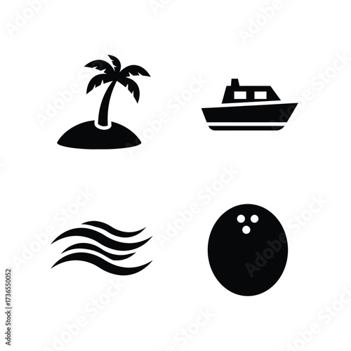A collection of four black icons representing a tropical island, a boat, waves, and a coconut.