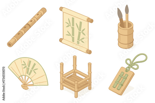 Bamboo Cultural Icons. Isometric vector illustration set Bamboo cultural elements: bamboo flute instrument, bamboo scroll painting