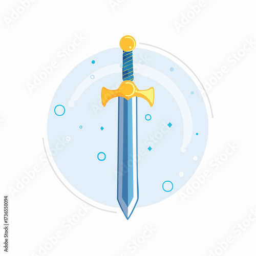 Stylized sword icon set against a backdrop of a gradient blue ethereal circle illustration