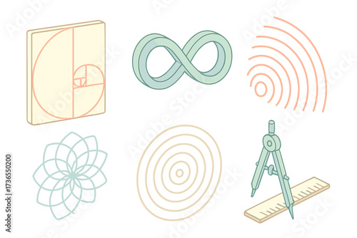 Infinite Spiral Geometry. Isometric vector illustration set Infinite Spiral Geometry: golden spiral line, infinity loop nearby,
