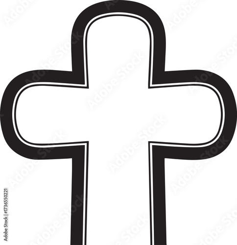 Simple hand drawn black outline of a rounded cross against a textured off white background