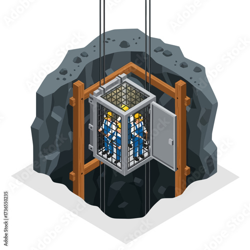 Miners in a Cage Elevator Descending into a Mine Shaft.