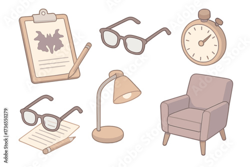 Psychological Evaluation Tools. Isometric vector illustration set Psychological Evaluation Tools: clipboard with inkblot card,