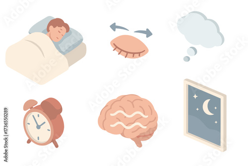 Sleep Cycle Icons. Isometric vector illustration set Sleep Cycle and REM Dreams: sleeping figure with blanket, REM eye movement