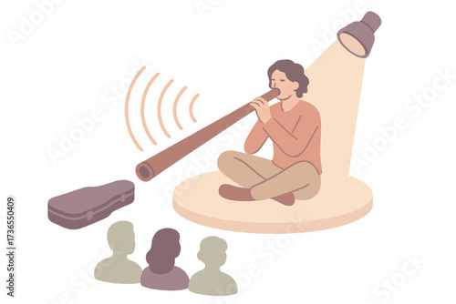 Didgeridoo Performance Scene. Isometric vector illustration set Musical Performance Scene: musician seated cross-legged,