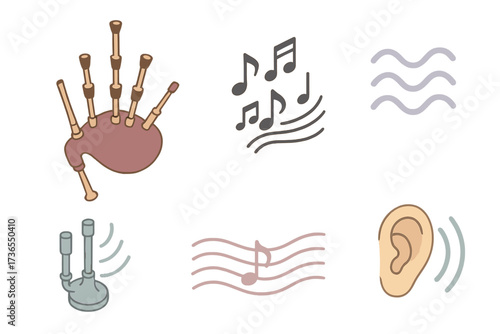 Bagpipes Melody Vibes. Isometric vector illustration set Skirl of Bagpipes Sound: musical notes flowing from pipes, vibration