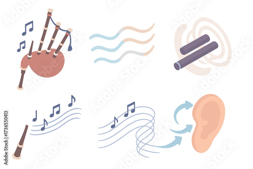 Bagpipes Melody Vibes. Isometric vector illustration set Skirl of Bagpipes Sound: musical notes flowing from pipes, vibration