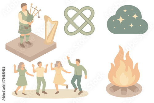 Celtic Festival Vibes. Isometric vector illustration set Celtic Music Festival: bagpiper on stage, harp beside, Celtic knot