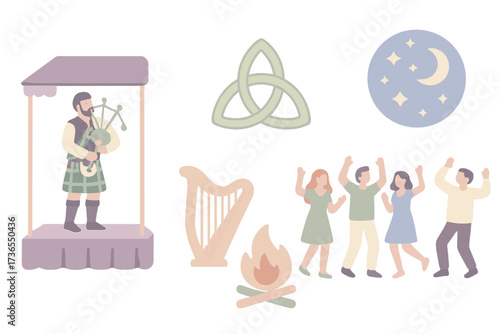 Celtic Festival Vibes. Isometric vector illustration set Celtic Music Festival: bagpiper on stage, harp beside, Celtic knot