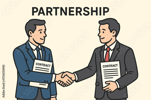 Two businessmen shaking hands over a contract symbolizing partnership and agreement