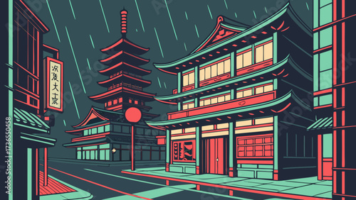 A serene japanese cityscape with traditional buildings and a pagoda in the rain, showcasing the harmony of old and new architecture