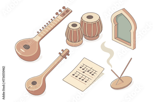 Indian Music Icons. Isometric vector illustration set Indian Classical Music Elements: sitar instrument, tabla pair drums, tanpura