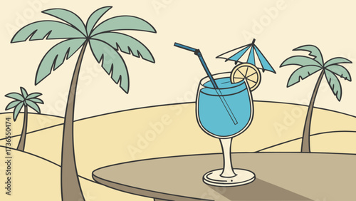 A refreshing blue cocktail on a table with palm trees in the background, evoking a tropical beach vacation vibe