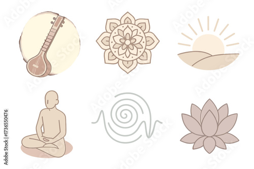 Spiritual Raga Symbolism. Isometric vector illustration set Spiritual Symbolism of Raga: sitar glowing aura, mandala pattern