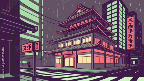 Rainy night in a japanese city with a traditional temple nestled among modern skyscrapers, creating a captivating blend of old and new architecture