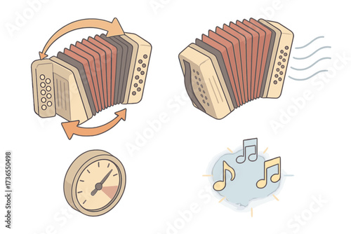 Accordion Bellows Dynamics. Isometric vector illustration set Bellows Squeeze Action: accordion mid-play, arrows showing push and