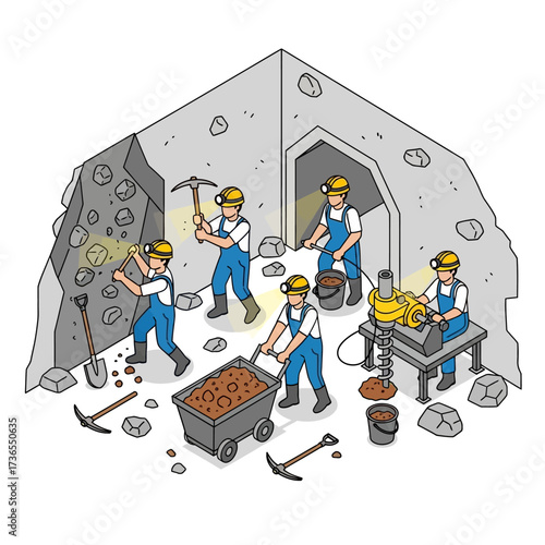 Miners working underground extracting resources from the earth with tools.