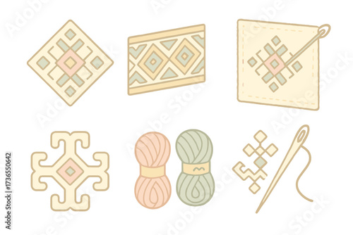 Folk Embroidery Patterns. Isometric vector illustration set Traditional Folk Embroidery: geometric diamond motifs, colorful border