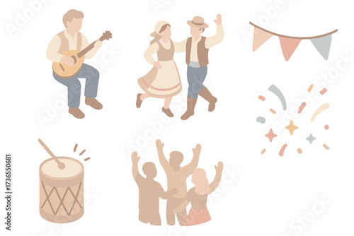 Festival Folk Dance Celebration. Isometric vector illustration set Festival Folk Dance: mandolinist playing lively tune, dancers