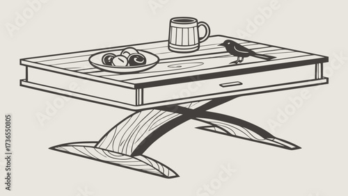 A cozy breakfast scene featuring a wooden table with a mug, pastries, and a small bird, creating a rustic and inviting atmosphere