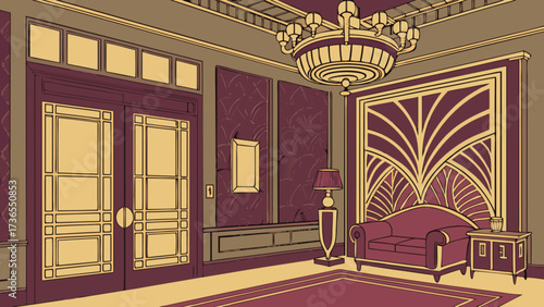An elegant art deco interior featuring a chandelier, sofa, and decorative wall panels, evoking a sense of luxury and sophistication in a vintage style