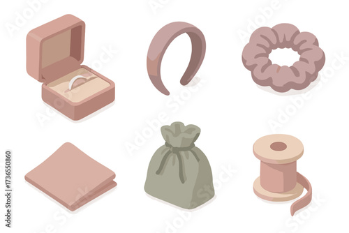 Velvet Accessory Icons. Isometric vector illustration set Velvet accessories: jewelry box, headband, scrunchie, pocket square,