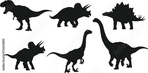 Dinosaur silhouettes including Tyrannosaurus rex, Triceratops, Stegosaurus, Velociraptor, Brachiosaurus, prehistoric animals, Jurassic creatures, fossil era vector illustration design