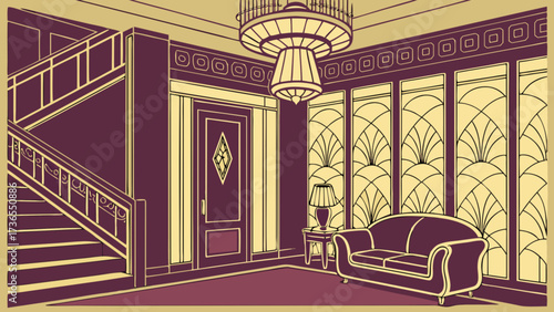 A vintage art deco hallway with a staircase, chandelier, and decorative glass panels, creating a stylish and sophisticated atmosphere in a retro design