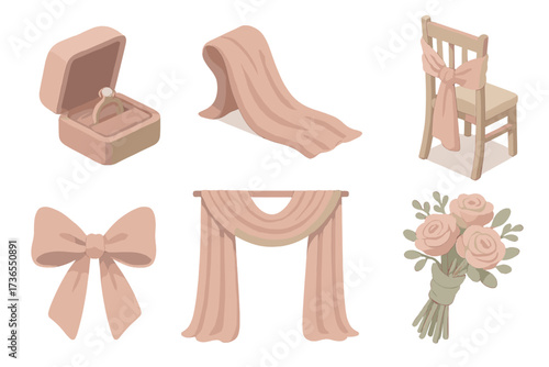 Velvet Wedding Decor. Isometric vector illustration set Velvet wedding décor: velvet ring box, table runner, chair sash, ribbon