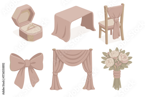 Velvet Wedding Decor. Isometric vector illustration set Velvet wedding décor: velvet ring box, table runner, chair sash, ribbon