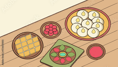 A delightful assortment of traditional indian sweets arranged on a wooden table, showcasing the rich culinary heritage and festive spirit of india