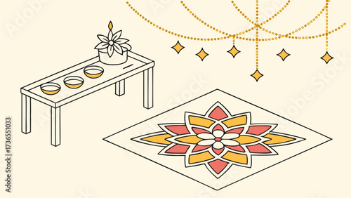 A serene diwali scene featuring a rangoli on the floor, diyas on a table, and decorative lights, capturing the essence of the festival of lights