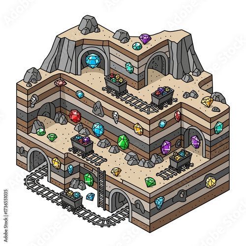 Isometric Illustration of a Multi Level Underground Gem Mine.