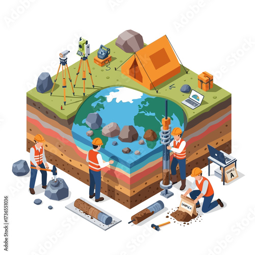 Isometric Illustration of Geologists Surveying Earth Layers.