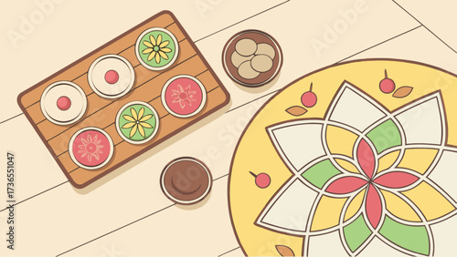 A delightful spread of traditional korean desserts, including colorful rice cakes and sweets, arranged on a wooden tray and decorative mat