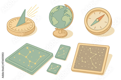 Astronomy Icons Set. Isometric vector illustration set Astronomical concepts: sundial gnomon, solar rays, earth globe, compass,
