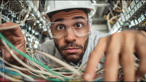 African american man in safety helmet looking confused at tangled network cables or wires problem. Connectivity issue footage.