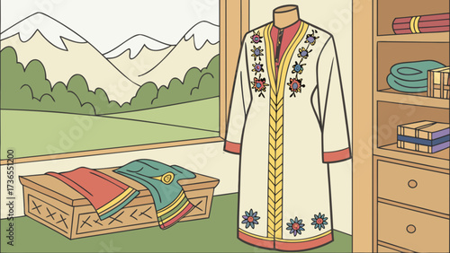 A traditional uzbek robe hangs on a mannequin in a room with a window overlooking the mountains, showcasing cultural heritage and craftsmanship