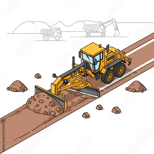 Yellow motor grader machine leveling road construction site.