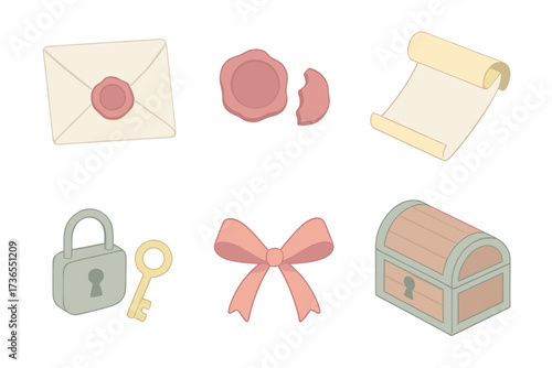 Mystery Icons Collection. Isometric vector illustration set Secret messages: sealed envelope, broken wax seal, hidden note, ribbon