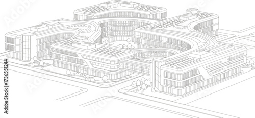 Modern office building with solar panels, sustainable architecture