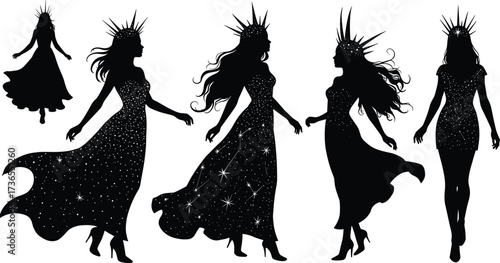 Elegant celestial women silhouettes wearing crowns and starry gowns, cosmic fashion queens in flowing dresses, fantasy royalty vector illustration design