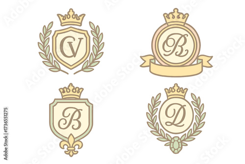 Royal Monogram Icons. Isometric vector illustration set Royal monogram elegance: initials with crown, gold border, fleur-de-lis,