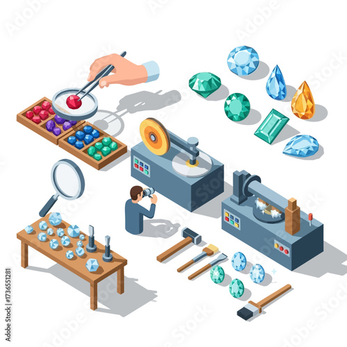 Gemstone processing and jewelry making with various tools and precious stones.