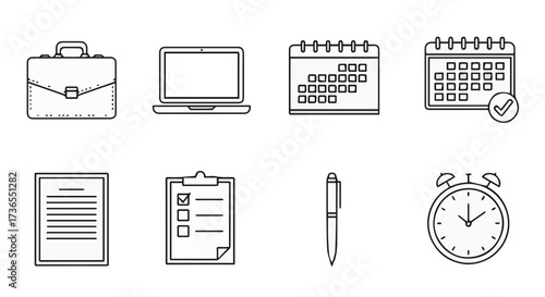 Line art icons depicting business and productivity tools: briefcase, laptop, calendar, checklist, document, pen, and alarm clock.