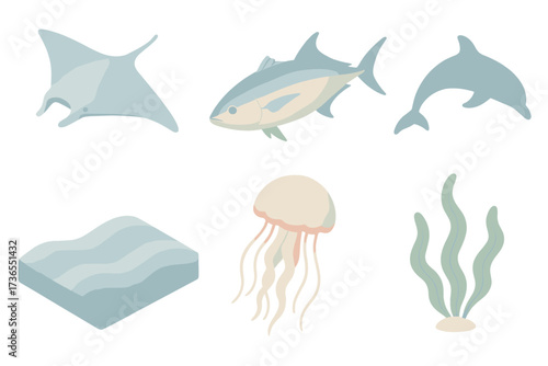 Ocean Life Icons. Isometric vector illustration set Pelagic scene: manta ray soaring, tuna fish, dolphin silhouette, jellyfish,