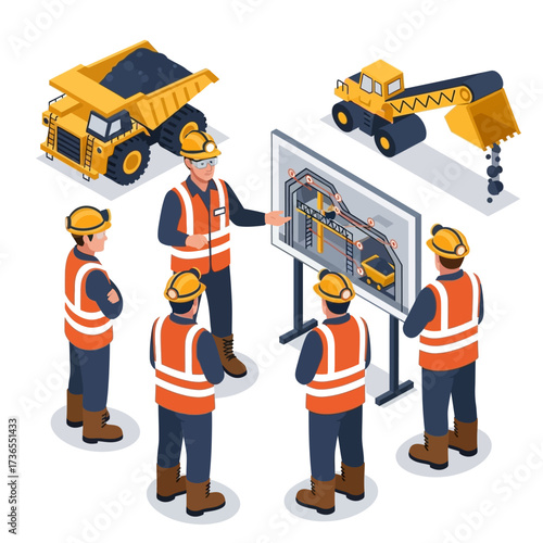 Construction workers discussing project plans with heavy machinery.